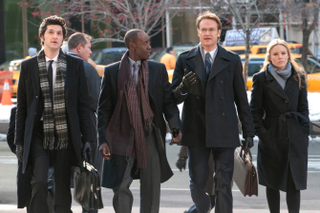 Ben Schwartz as Clyde Oberholt, Don Cheadle as Marty Kaan, Josh Lawson as Doug, and Kristen Bell as Jeannie Van Der Hoovenn in House of Lies.